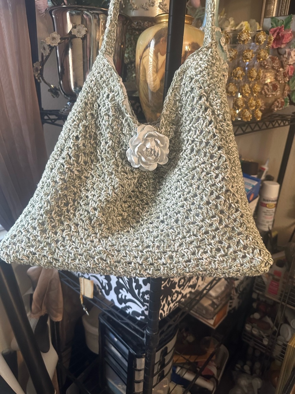 Cream Crochet Shoulder Bag with Floral Accent